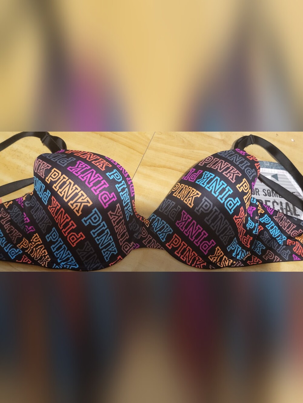 PINK Victoria's Secret Black Bikini Top with Multicolor Logo Print